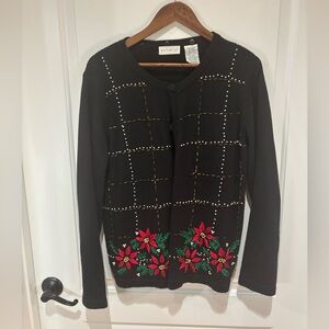 White Stag Poinsettia Beaded Christmas Cardigan XL Black Holiday Sweater